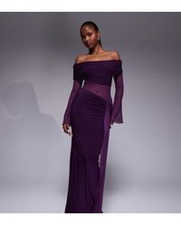 Kaiia - Exclusive Double Layered Slinky Foldover Off The Shoulder Sheer Panel Ruched Skirt Maxi Dress - Lyst