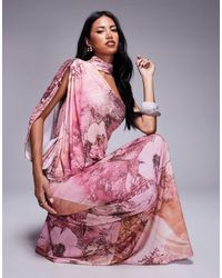 ASOS - Vestito Lungo Monospalla Drappeggiato Con Stampa A Fiori E Mantella - Lyst