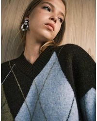 ASOS - Jersey Marrón De Corte Cuadrado Con Cuello De Pico Y Patrón De Rombos De - Lyst