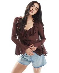 Miss Selfridge - Top Van Chiffon Met Ruches En Striksluiting Aan De Voorkant - Lyst