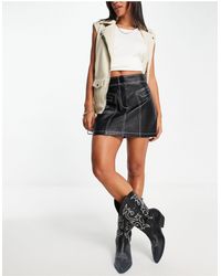 TOPSHOP Leather Look Topstitch Double Pocket Mini Skirt - Black