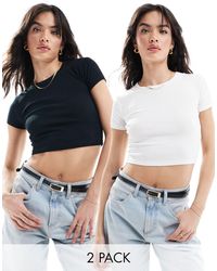 Pull&Bear - Confezione da 2 magliette ristrette nera e bianca a coste - Lyst