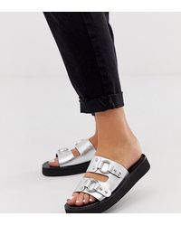 ASOS Sandalias planas plateadas de cuero de ancho especial con herrajes Ficton - Multicolor