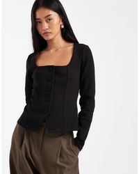 New Look - Top Negro De Manga Larga Con Escote Cuadrado Y Botones De - Lyst