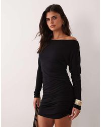 ASOS - Long Sleeve Slash Neck Mini Dress With Asymmetric Ruched Side - Lyst