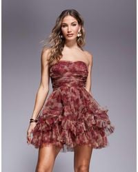 LACE & BEADS - Robe courte en tulle imprimé roses avec nœuds et corset effet superposé - Lyst