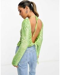 ASOS - High Neck Long Sleeve Embellished Top With Split Hem & Open Back - Lyst