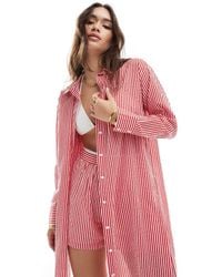 Stradivarius - Gestreept Strandoverhemd Met Lange Pasvorm - Lyst