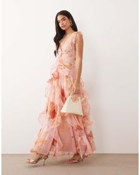 ASOS - Ruched Maxi Dress With Waterfall Detail - Lyst