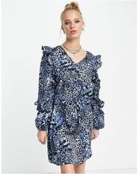 Vila - Long Sleeve V Neck Mini Dress With Shoulder Ruffles - Lyst