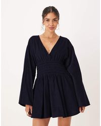 ASOS - Cord V Neck Mini Dress With Shirred Waist - Lyst