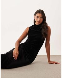 Vila - High Neck Ruched Velvet Maxi Dress - Lyst