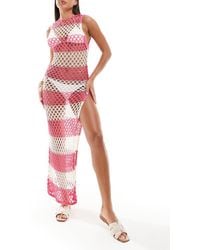 ASOS - Vestito Lungo Da Spiaggia Senza Maniche Traforato A Righe Rosa E Color Crema - Lyst