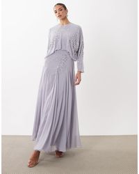 satin twist bodice maxi dress with blouson sleeves V-neck Split Sleeve Blouson Bodice Maxi Bridesmaid Dress In Silver Dove