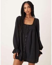 ASOS - Cotton Lace Trim Long Sleeve Babydoll Mini Dress - Lyst