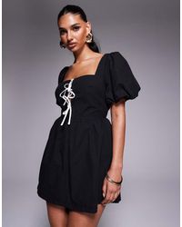 Princess Polly - Maelle Cotton Blend Puff Sleeve Contrast Tie Front Open Back Playsuit - Lyst
