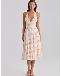 House Of Cb - Solada Ivory Vintage Rose Print Georgette Midi Halter Dress - Lyst