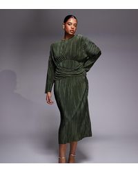 ASOS - Asos Design Curve Plisse Long Sleeve Drape Waist Midi Dress - Lyst