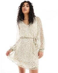 Vila - Tie Waist V Neck Mini Dress With Sheer Sleeves - Lyst