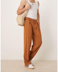 ASOS - Pantaloni Eleganti A Fondo Ampio Effetto Lino Color Ruggine Con Pieghe Sul Davanti - Lyst