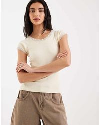 Brave Soul - Pointelle T-shirt With Lace Trim - Lyst