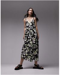 TOPSHOP - Premium - robe mi-longue à enfiler en sergé et viscose à imprimé fleurs graphique et coutures contrastantes - Lyst