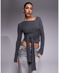 ASOS - Brushed Asymmetric Neck Long Sleeve Top With Tie Waist Detail - Lyst