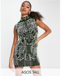 ASOS - Asos Design Tall High Neck All Over Embellished Mini Dress - Lyst