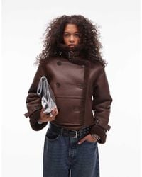 TOPSHOP - Faux Leather Borg Shearling Cropped Aviator Jacket - Lyst
