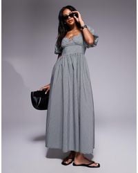 River Island - – midikleid mit -weißen vichy-karos, puffärmeln und besatz - Lyst