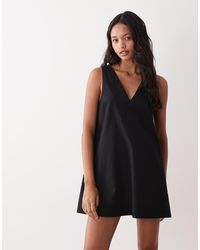 ASOS - Cotton Linen V Neck Smock Mini Dress - Lyst