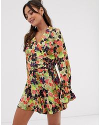 ASOS Wrap Playsuit With Buckle And Ruffle Cuffs In Jacquard Floral Print - Multicolor