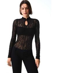 Bershka - Long Sleeve Lace Bodysuit With Split Neckline - Lyst