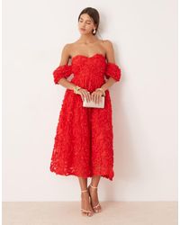 True Decadence - Bardot Midi Dress With Gathered Sleeves - Lyst