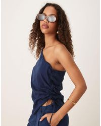 Mango - One Shoulder Soft Denim Top With Cinched Waist Co-ord - Lyst