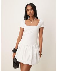 Mango - Mini Jurk Met Korte Mouwen, Vierkante Hals En Bolle Zoom - Lyst