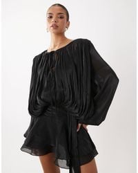 Lioness - Elements High Sheen Chiffon Drape Detail Balloon Sleeve Tie Waist Mini Dress - Lyst