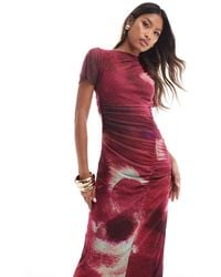 ASOS - Gedrapeerde Midi Jurk Van Mesh Met Korte Mouwen En Rimpeleffect - Lyst