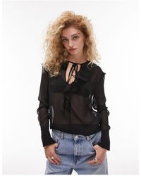 TOPSHOP - Long Sleeve Ruffle Front Top - Lyst