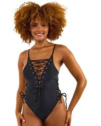 Wolf & Whistle - Eden Fb Plunge Lace Up Swimsuit - Lyst
