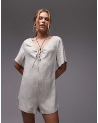 TOPSHOP - Tuta Corta A Righe Neutre Allacciata Sul Davanti - Lyst
