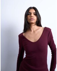 TOPSHOP - Geribbelde Top Met V-Hals, Lange Mouwen En Gebogen Zoom - Lyst