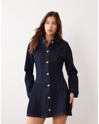 Miss Selfridge - Denim Button Through Cinched Waist Mini Dress - Lyst