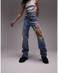TOPSHOP - Straight Kort Jeans With Extreme Thigh Rip - Lyst