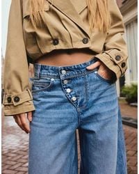 Bershka - Low-rise Wide-leg Barrel Jeans With Front Buttons - Lyst