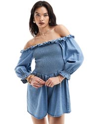 ASOS - Soft Denim Off Shoulder Playsuit With Frill Detail - Lyst