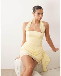 Oh Polly - Bonded Satin Halter Neck Corset Chiffon Skirt Mini Dress - Lyst