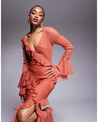ASOS - Asos Design Tall V Neck Long Sleeve Ruffle Maxi Dress With Cut Out Back - Lyst