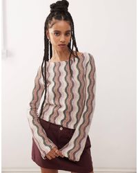 Reclaimed (vintage) - Top au crochet à rayures ondulées avec manches évasées et encolure bateau - Lyst