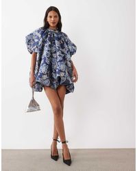 Sister Jane - Aquilla Jacquard High Neck Puff Sleeve Bubble Hem Mini Dress - Lyst